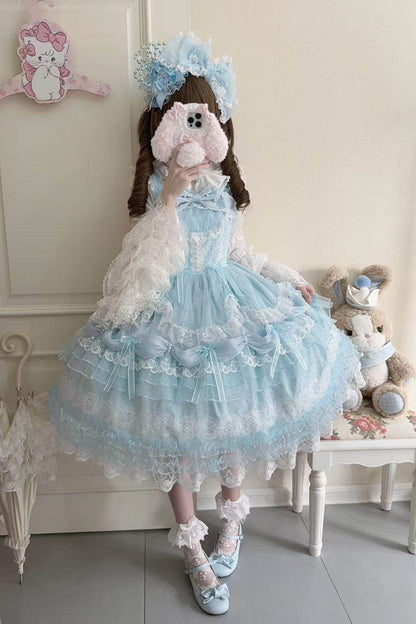 Blue [Sugar Heart Knot] Multi-Layered Ruffled Bow Lace Sweet Lolita Jsk Dress