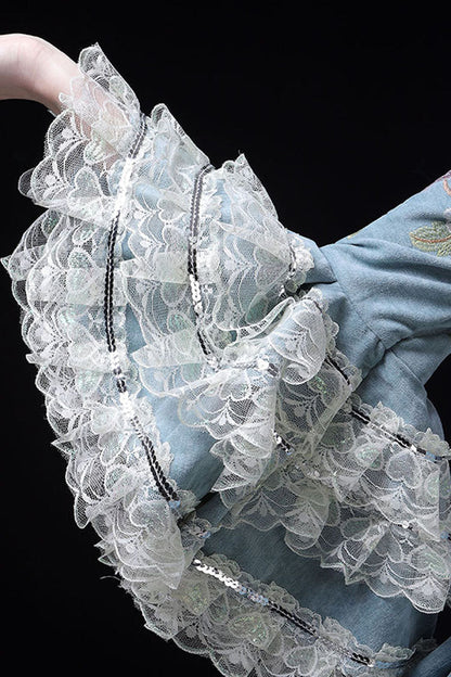 Blue Multi-Layer Trumpet Sleeves High Waisted Peacock Embroidery Print Victorian Lolita Prom Dress
