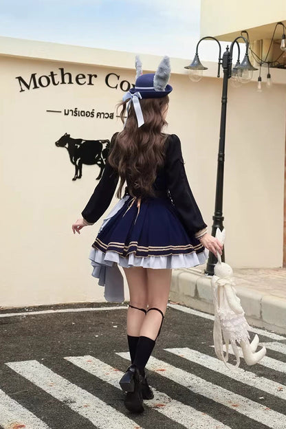 Blue [Rabbit Police Officer] Ruffled Bow Asymmetric College Style Handsome Lolita Jsk Dress