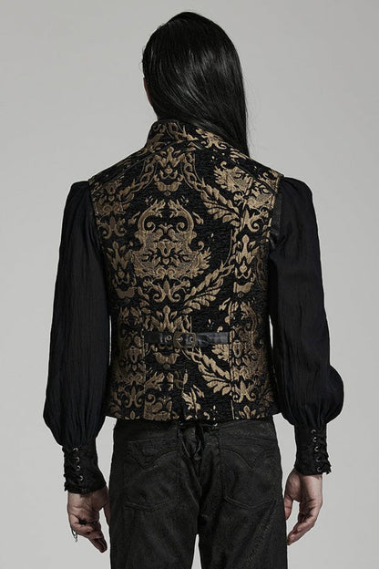 Men's Stand Collar Jacquard Print Stitching Metal Ring Decoration Gothic Vest 2 Colors