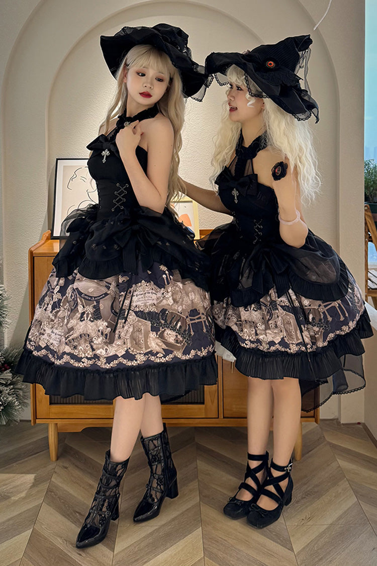 Black [The Mystery of The Doll] Halterneck Print Ruffle Bowknot Drawstring Gothic Lolita Dress