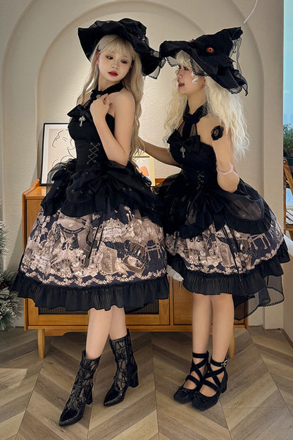 Black [The Mystery of The Doll] Halterneck Print Ruffle Bowknot Drawstring Gothic Lolita Dress