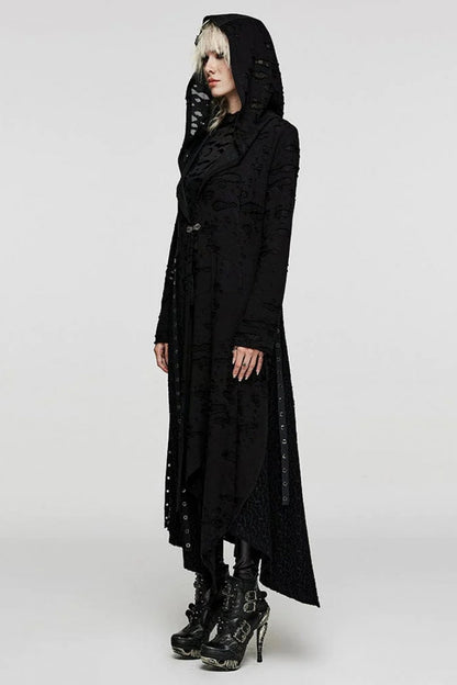 Black Ripped Mesh Stitching Irregular Hooded Womens Steampunk Coat