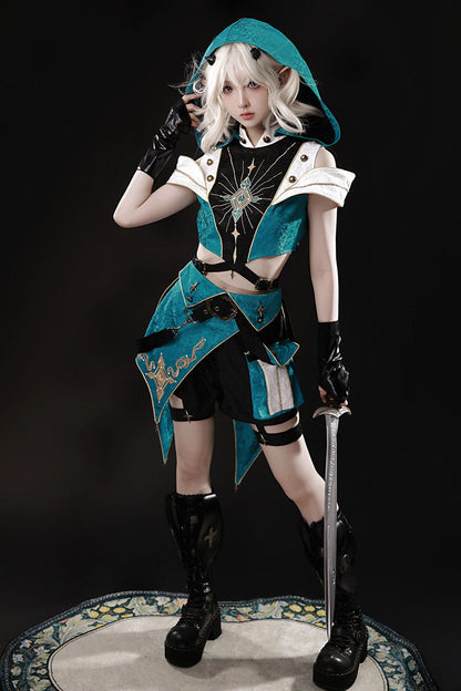 Blue/Green [Traveler’s Outfit] Print Embroidery Hooded Ouji Fashion Sweet Handsome Lolita Set