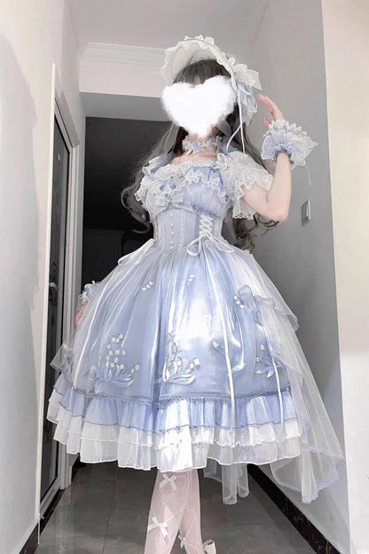 Blue [Love Is Coming] Multi-layer Ruffle Embroidery Bowknot Sweet Princess Lolita Jsk Dress