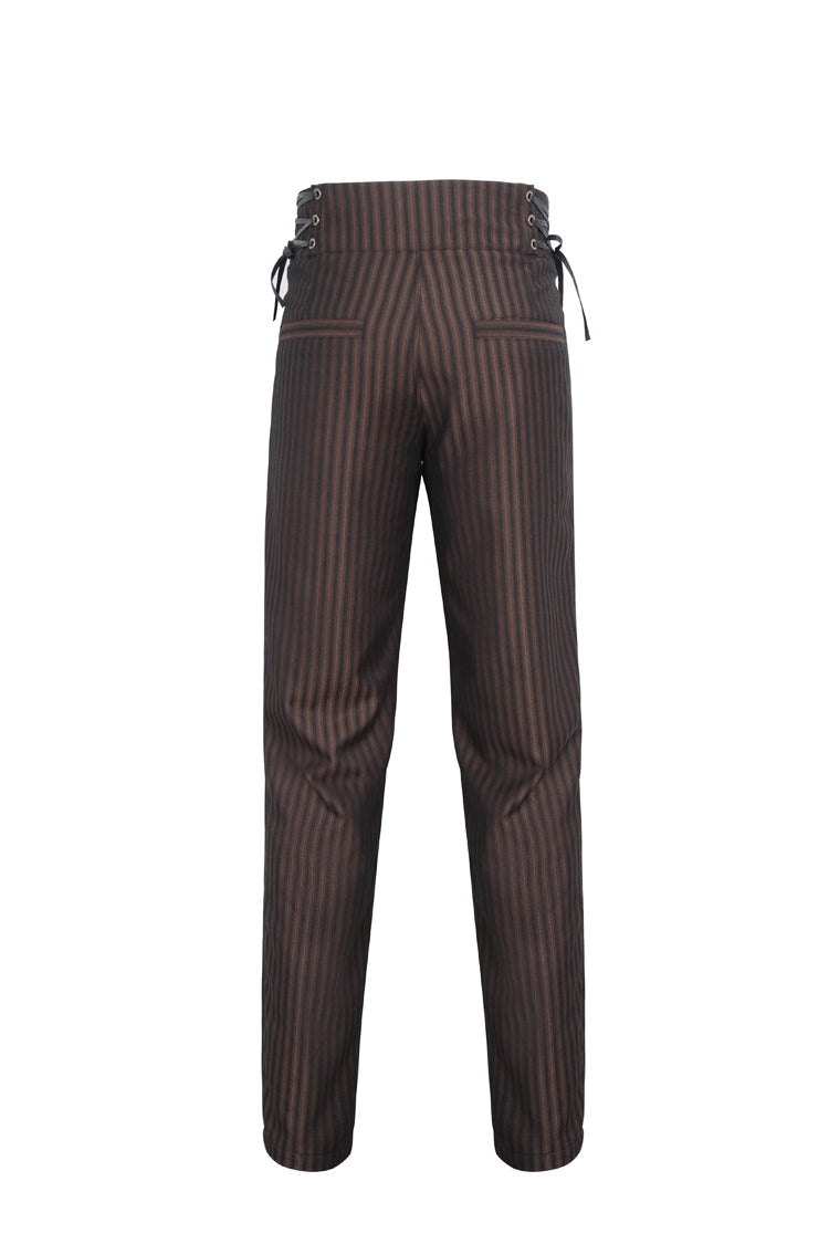 Brown High Waisted Lace-Up Striped Men's Gothic Pants