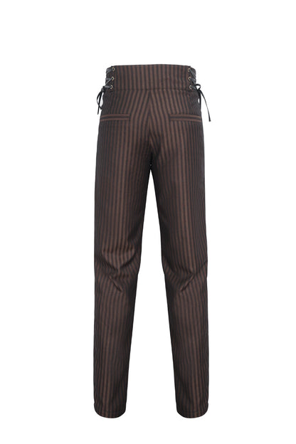 Brown High Waisted Lace-Up Striped Men's Gothic Pants