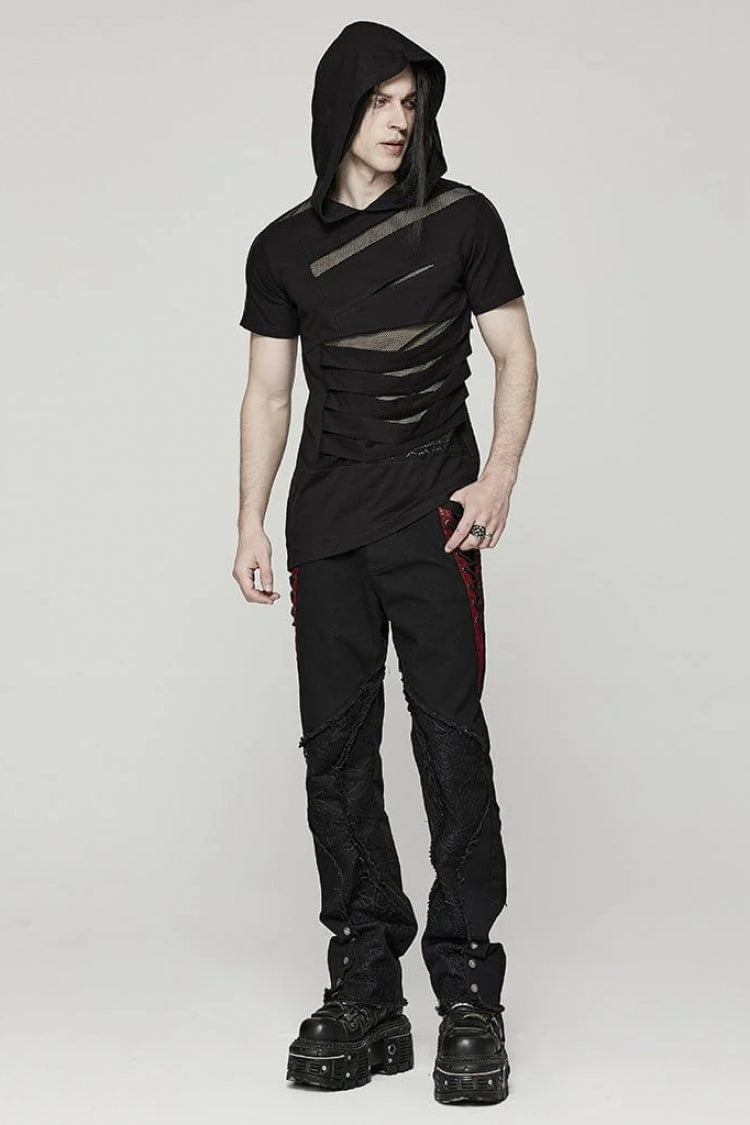 Black Short Sleeves Stitching Hooded Mesh Ripped Mens Steampunk T-Shirt