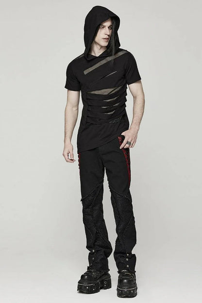Black Short Sleeves Stitching Hooded Mesh Ripped Mens Steampunk T-Shirt