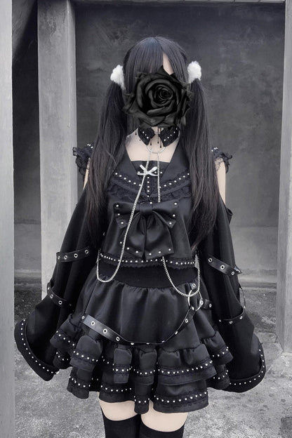 Black [Serpent Devour] Navy Collar Long Sleeves Ruffled Bow Studded Gothic Jirai Kei Top and Skirt Set
