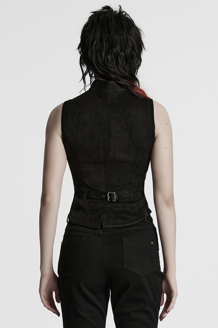 Black Stand Collar Stitching Mesh Buckle Women's Punk Vest