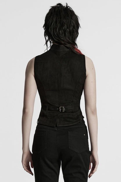 Black Stand Collar Stitching Mesh Buckle Women's Punk Vest