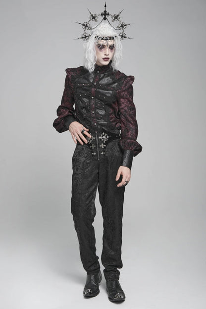 Black/Red Stand Collar Long Lantern Sleeves Floral Print Embroidery Men's Gothic Blouse