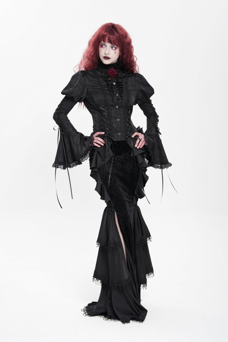 Black Stand Collar Long Puff Sleeves Floral Jacquard Lace-Up Women's Gothic Blouse