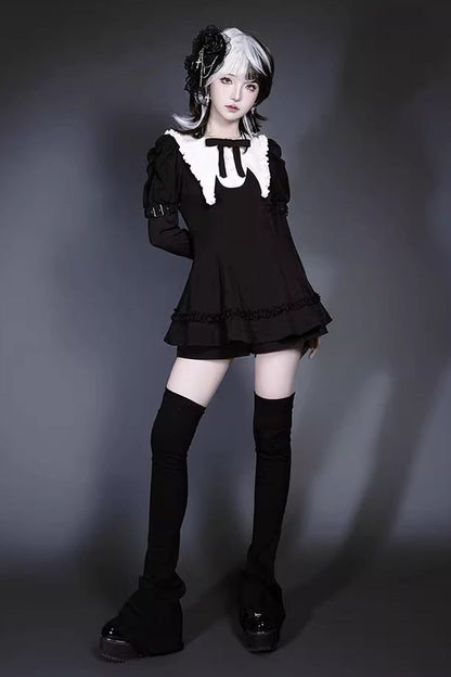 Black/White Long Sleeves Ruffle Bowknot Jirai Kei Japanese Witch Set