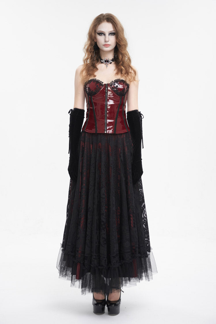 Red Lace Splice Patent Leather Women's Punk Overbust Corset