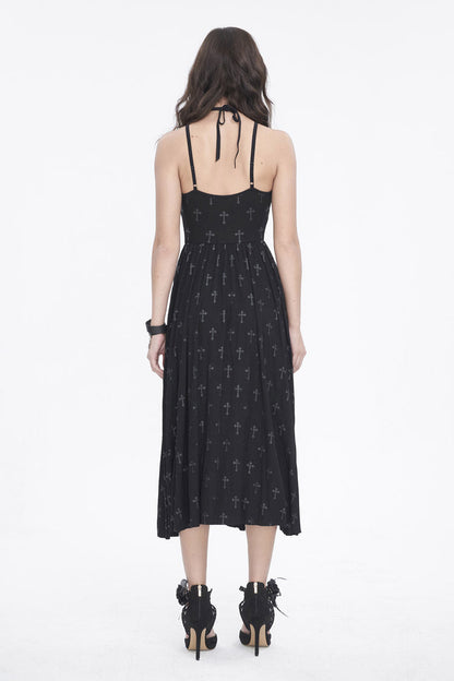 Black Print Strappy Split Womens Gothic Dress