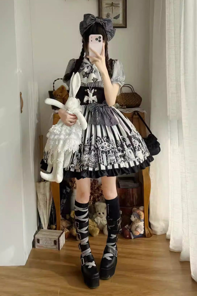 Black/White [A Weird Christmas] Sleeveless Printed Ruffled Gothic Lolita JSK Dress