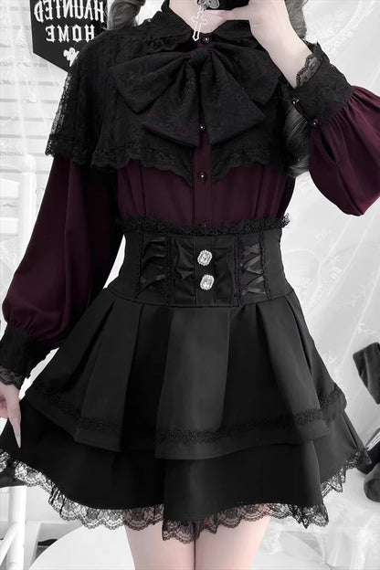 [Dark Moon Shadow] Long Sleeves Double-Layered Ruffled Embroidered Bow Lace-Up Gothic Jirai Kei Lolita Top + Skirt Set