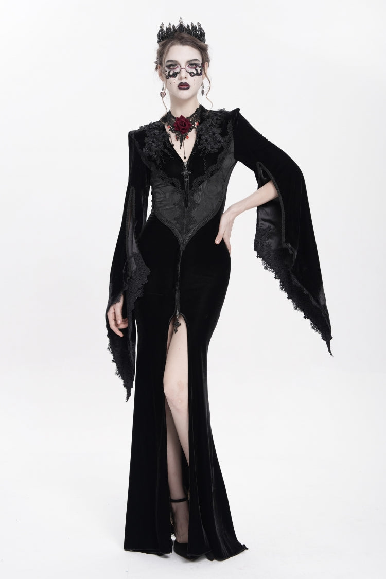 Black V Collar Long Trumpet Sleeves Floral Embroidered Velvet Women's Gothic Dress