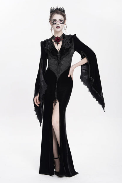 Black V Collar Long Trumpet Sleeves Floral Embroidered Velvet Women's Gothic Dress