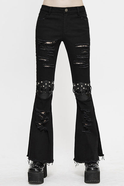 Black Punk Nailed Knee Cutoff Bellbottomed Womens Pants