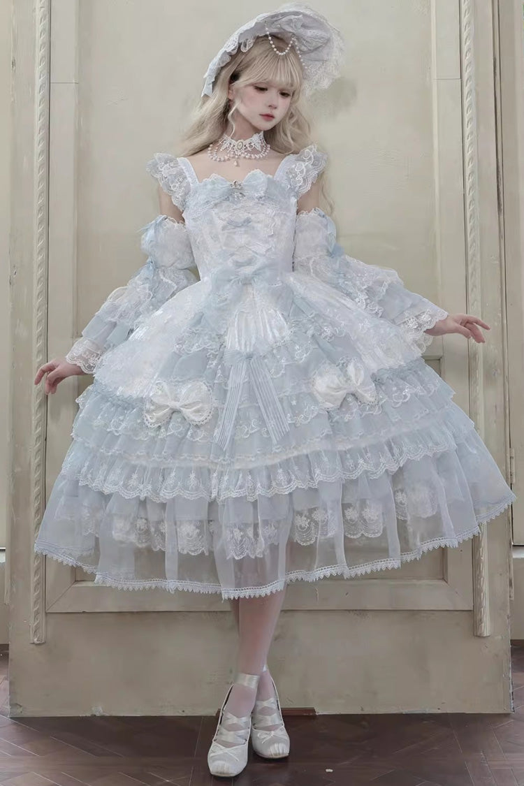 Blue [Prelude of Spring] Sleeveless Multi-Layered Ruffled Bow Lace Sweet Princess Lolita Jsk Dress