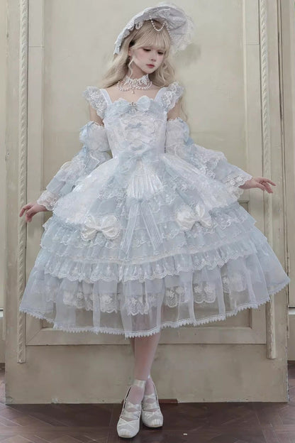 Blue [Prelude of Spring] Sleeveless Multi-Layered Ruffled Bow Lace Sweet Princess Lolita Jsk Dress