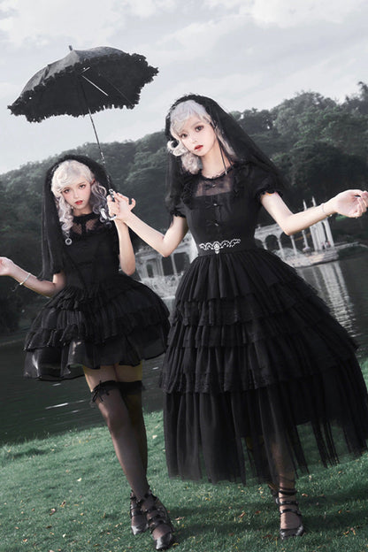 Black Twin Ivory Towers Ruffle Gothic Lolita Drawstring Jsk