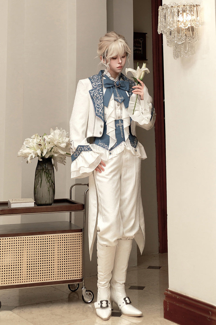 White [Moonlit Paladin Prince] Ruffle Embroidery Bowknot Classic Prince Handsome Ouji Lolita Set