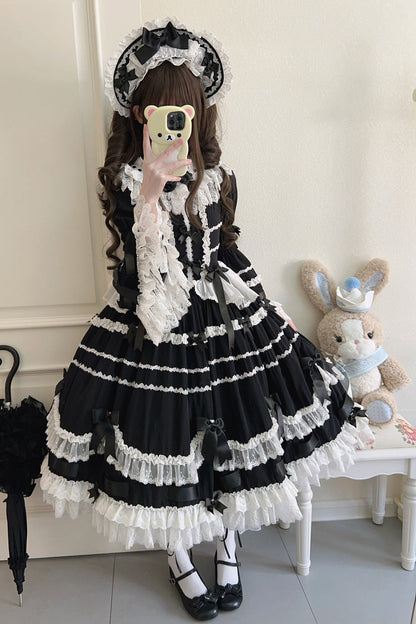 Black Round Collar Long Trumpet Sleeves Hanayome Bowknot Lace Daily Sweet Elegant Princess Lolita Dress