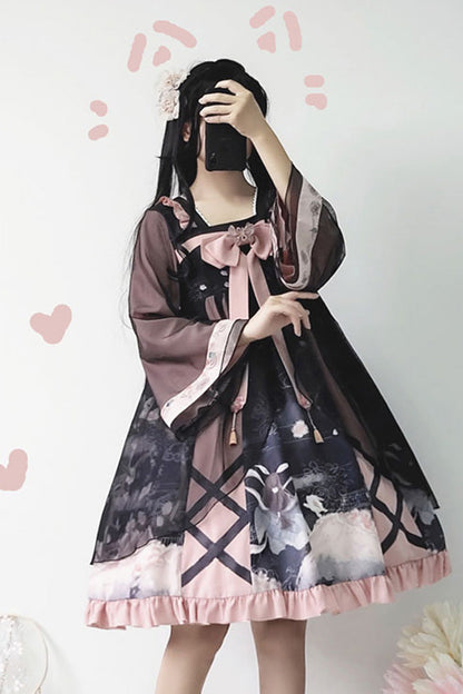 Black/Pink Chinese Style Long Sleeves Chest Bow Chiffon Sweet Lolita OP Dress