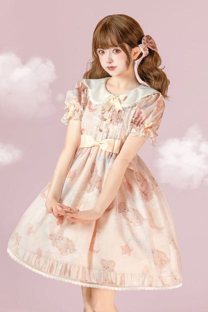 Star Wishing Bear Print Short Sleeves Bowknot Sweet Lolita Dress 2 Colors