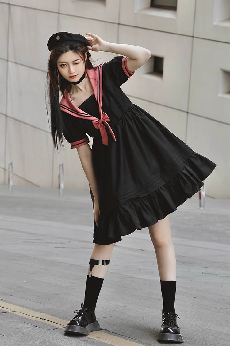 Black Voyage To Atlantis Navy Style Short Sleeves Ruffle Gothic Lolita Dress