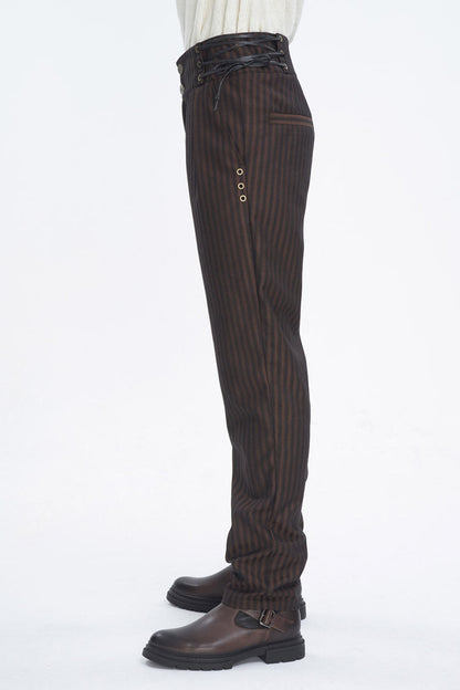 Brown High Waisted Lace-Up Striped Men's Gothic Pants