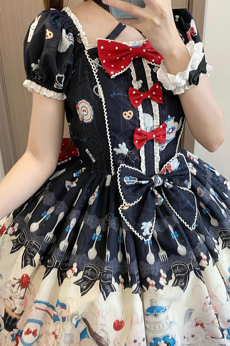 Black [Mystery Rabbit Tea Party] Sleeveless Print Ruffle Bowknot Lace Sweet Lolita Jsk Dress