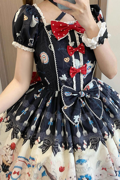 Black [Mystery Rabbit Tea Party] Sleeveless Print Ruffle Bowknot Lace Sweet Lolita Jsk Dress