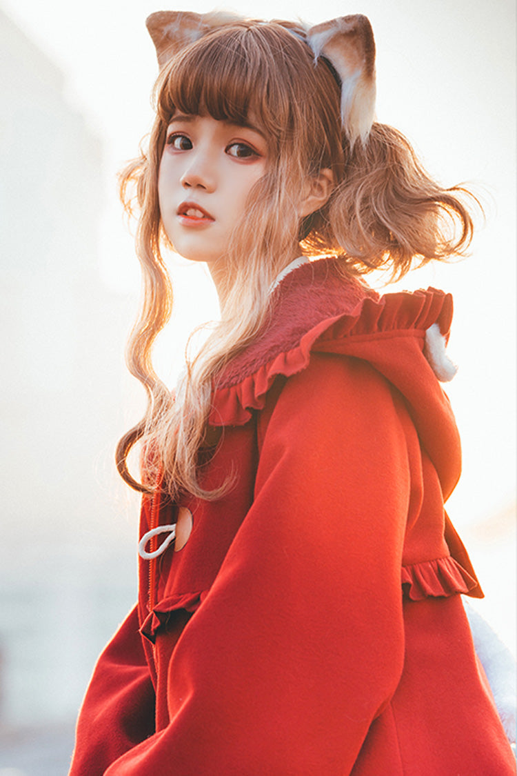 Red Cat Tail Long Sleeves Ruffle Bowknot Hooded Sweet Lolita Coat