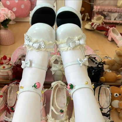 Round Toe Bow Lace Trim Mid Heel Lolita Mary Jane Shoes with Ankle Bells 6 Colors