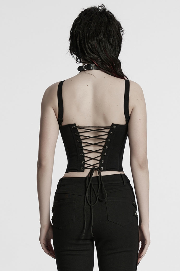 Black Sleeveless Lace-Up Rivet Buckle Women's Punk Vest