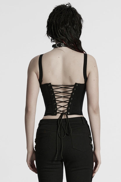 Black Sleeveless Lace-Up Rivet Buckle Women's Punk Vest