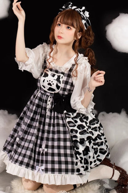 Black/White Plaid Print Cow Ruffle Bowknot Cat Claw Planet Sweet Lolita Jsk Dress