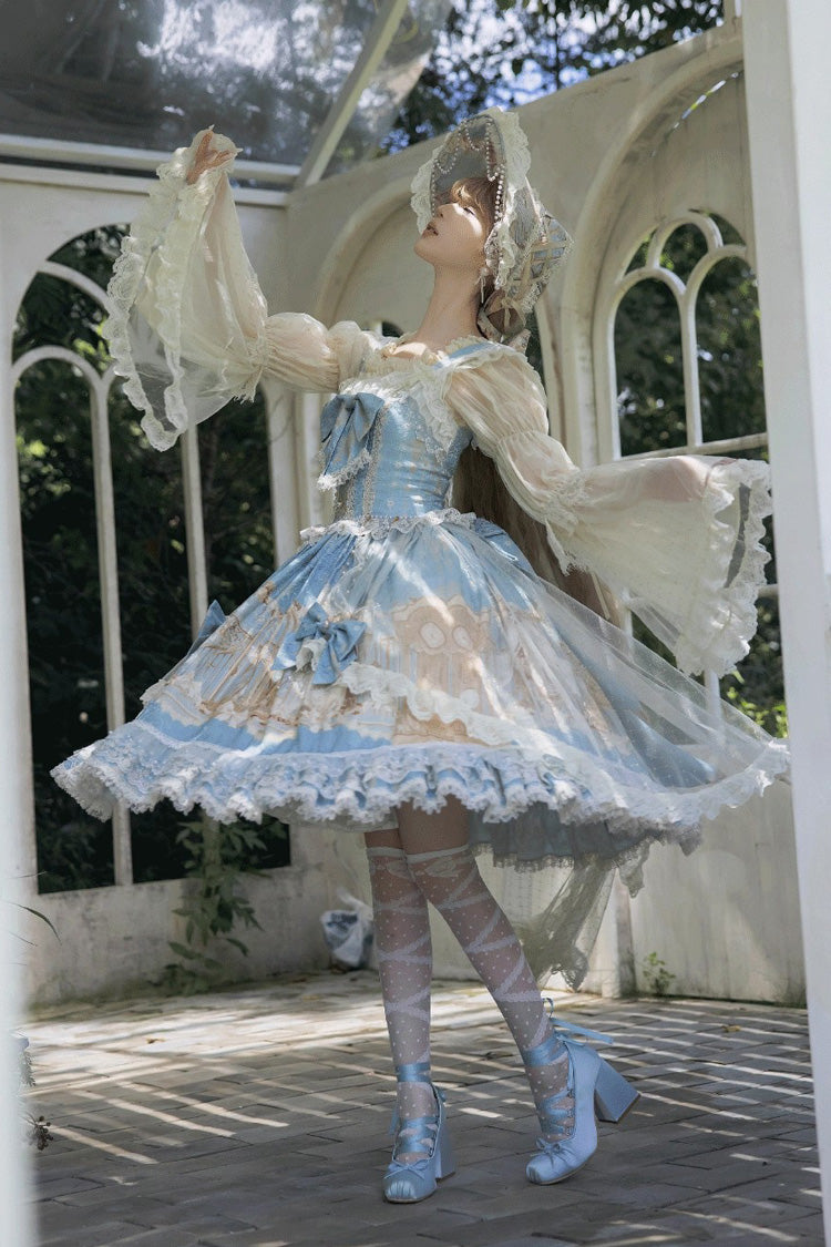 Blue [Unicorn] Print Sleeveless Multi-Layered Embroidery Bowknot Lace Sweet Lolita Jsk Dress