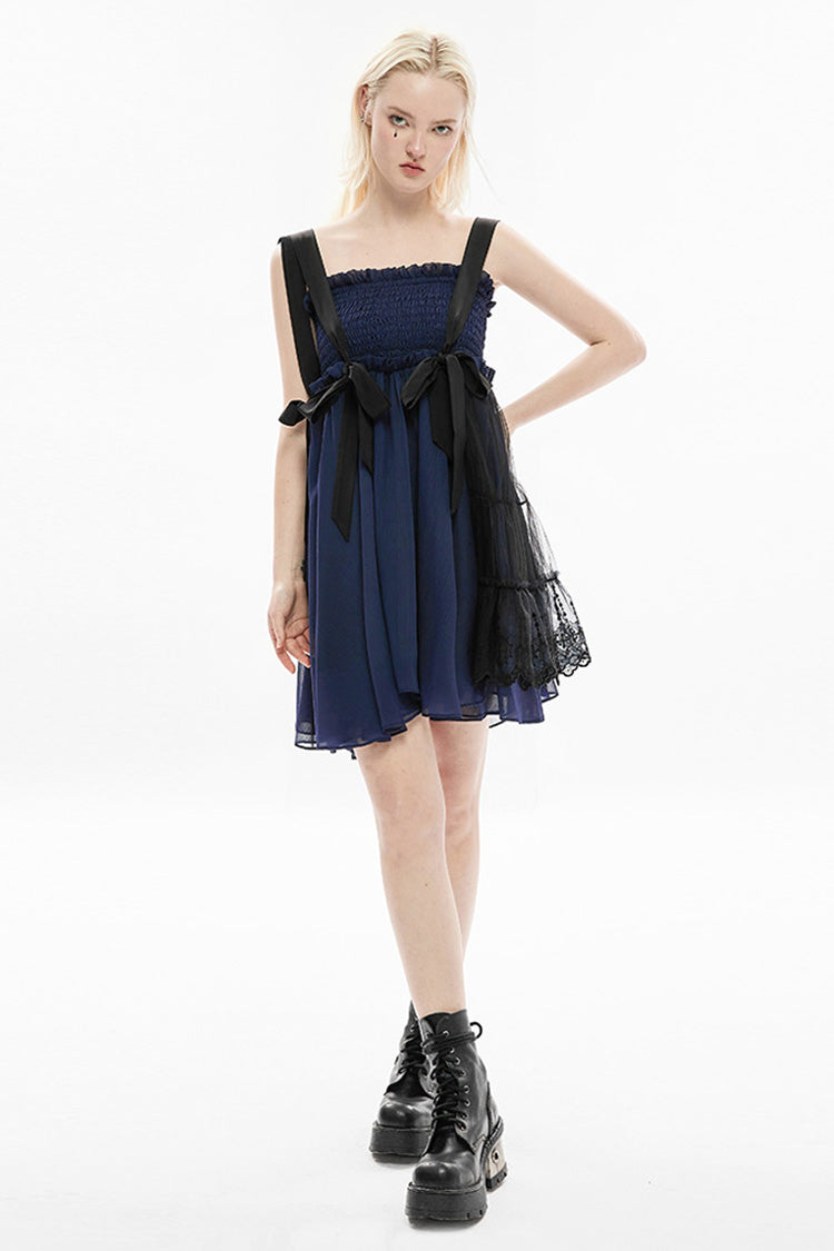 Blue Strap Big Bow Streamer Super Cool Stitching Lace Suspender Women's Gothic Dress