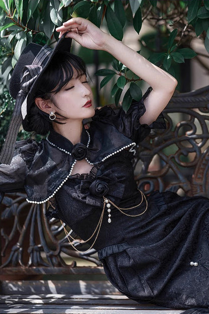 Black [Camellia 1.0] Sleeveless Jacquard Ruffle Lace Gothic Chinese Style Lolita Jsk Fishtail Dress