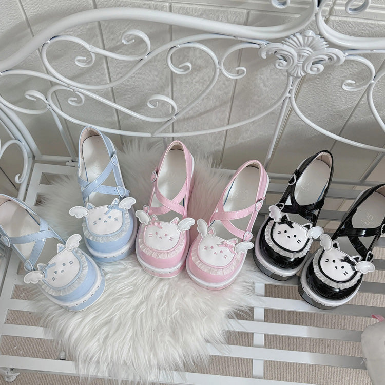 Cat Design Ruffled Cross Strap Round-Toe Daily Sweet Lolita Platform Shoes 4 Colors
