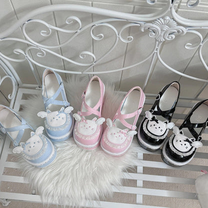 Cat Design Ruffled Cross Strap Round-Toe Daily Sweet Lolita Platform Shoes 4 Colors