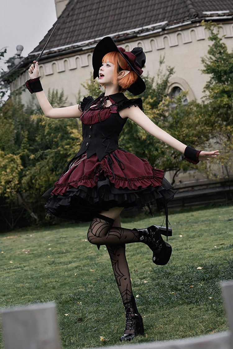 Black/Red [Potions] Sleeveless Triple-Layered Ruffle Bowknot Lace Gothic Lolita Dress 2 Colors