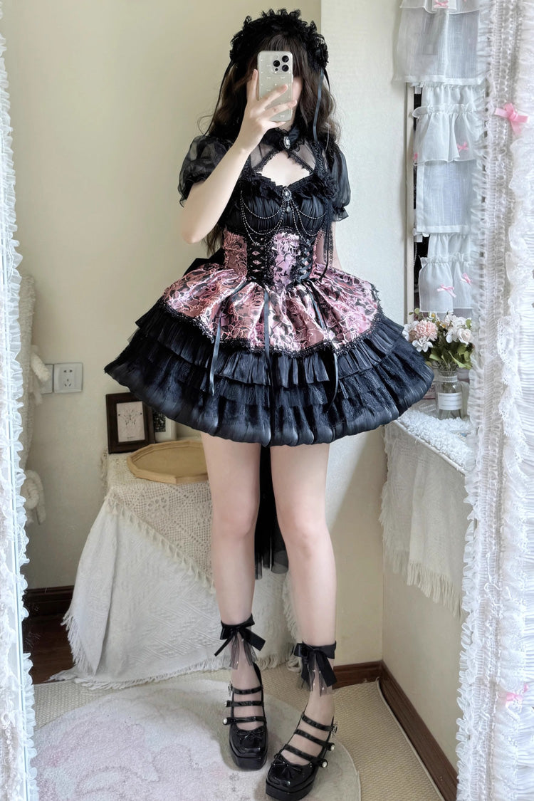 Black/Pink Ancient Dream of the Dark Night Print Ruffle Gothic Lolita Jsk Dress