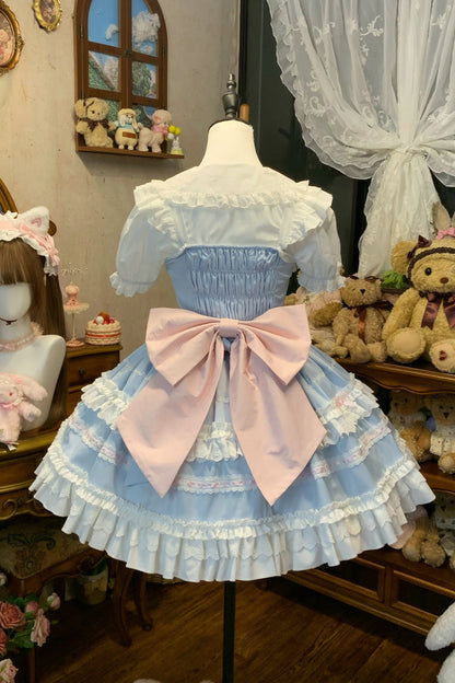 Blue [Meowling Sweet Maid] Sleeveless Multi-Layered Ruffle Bowknot Lace Sweet Princess Lolita Jsk Dress